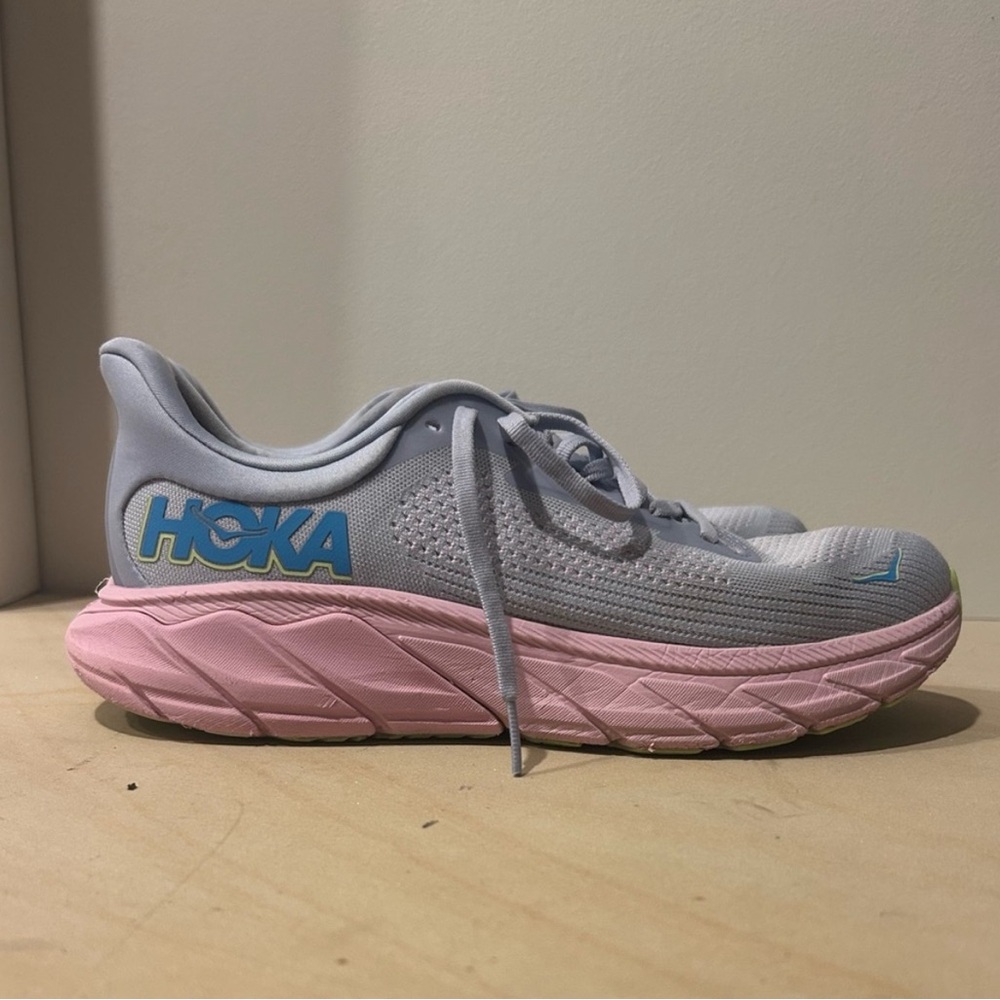 Hoka Light Gray and Soft Pink Athletic Shoes